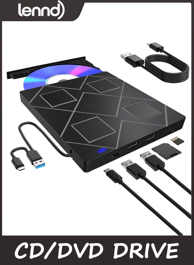 LENND 5-in-1 Extemal CD/DVD Drive for Laptop,USB 3.0 & Type-C Portable CD/DvD Rw Burner with SD/TF Card Reader &DVD-ROM Rewritable Player，Compatible with Laptop Pc Desktop, Windows11/10/8/7 Linux Mac os - Image 1
